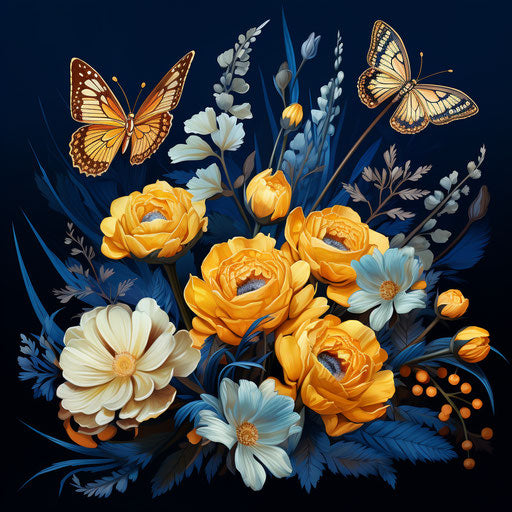 Flowers and butterflies in atmospheric blue style