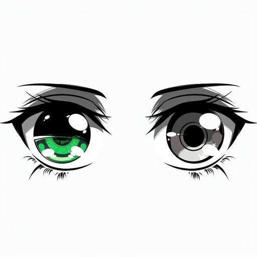 Green and gray anime eyes with white eyelashes