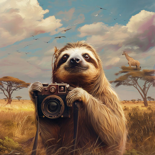 Sloth on safari photographing the savannah