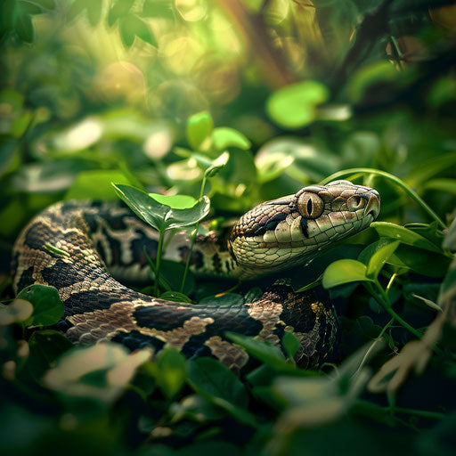 Python snake moving through lush grass