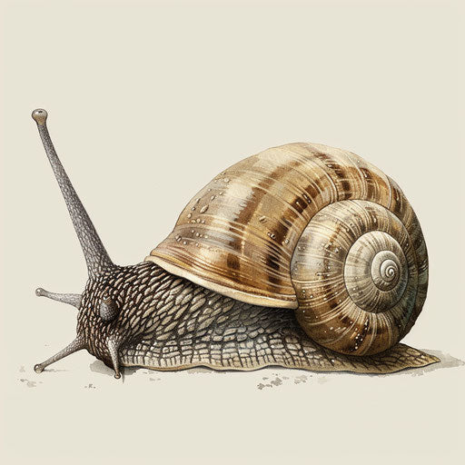 Snail clipart in photorealistic style with a flat random background, vintage filter and delicate lines