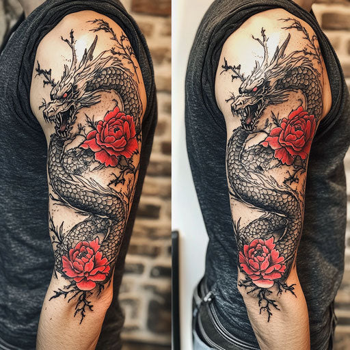 Dragon sleeve tattoo with roses and thorns