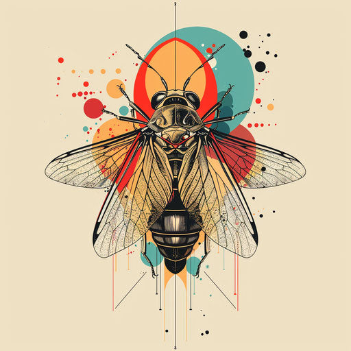 Abstract sketch of a cicada with splashes of color and creative shapes