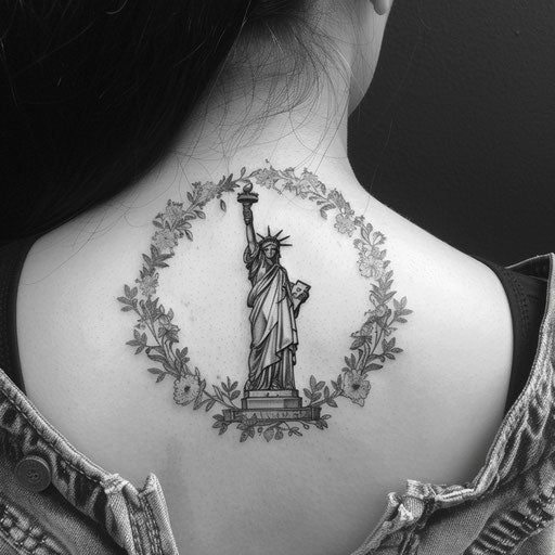 Delicate sketch of the Statue of Liberty surrounded by fine floral embellishments