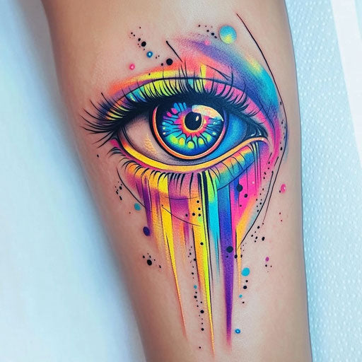 Beautiful neon eye tattoo sketch on arm with glowing colors
