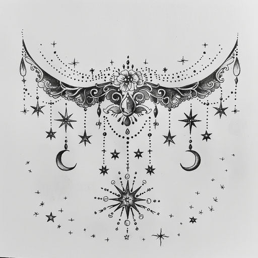 Celestial lace tattoo sketch with twinkling stars and crescent moons scattered