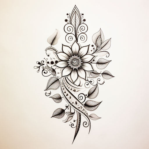 Drawings of henna flowers with leaves, in the style of pointillist florals, kinetic lines and curves, pretty