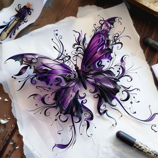 Gothic style 3D butterfly tattoo in purple and black