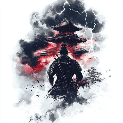 Japanese samurai tattoo with stormy sky and lightning