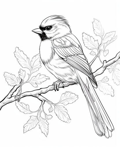 Bird on a branch coloring page, stark contrast style