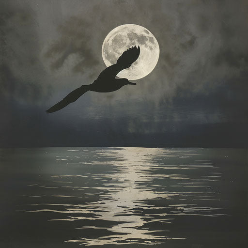 Silhouette of a black-footed albatross flying above the sea