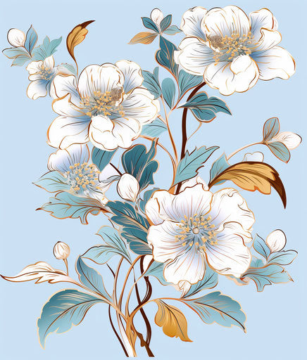 Three blue shantung flowers with leaves, neo-traditional Japanese style