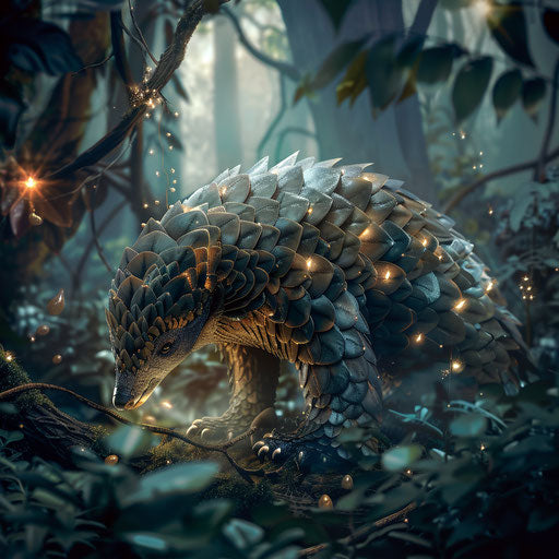 Mystical pangolin with glowing eyes in an enchanted forest