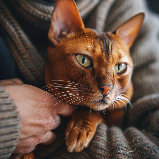 Abyssinian cat held by its owner