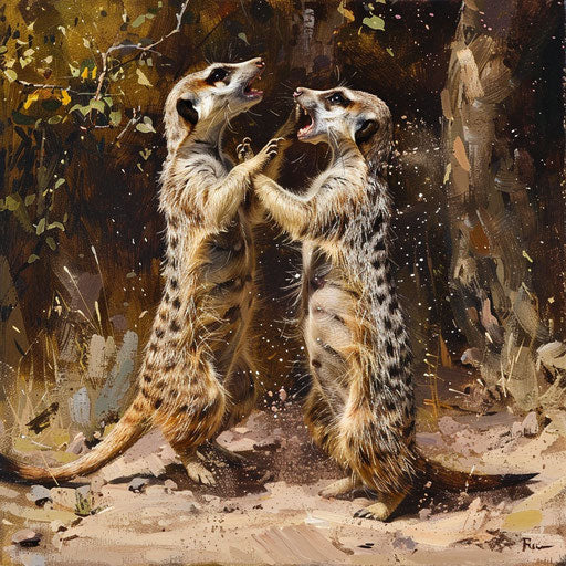 Two meerkats play fighting, capturing their playful nature, action-filled moment