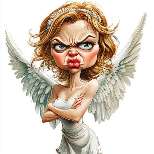 Humorous caricature of an angel with human characteristics