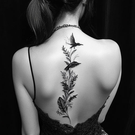 Feminine tattoos with delicate feather and birds