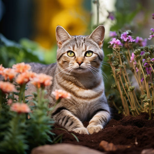 Cat sitting in a flower bed