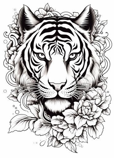 Tiger head with colored flowers, gothic black and white style