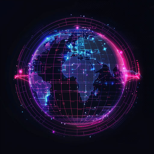 Futuristic map with neon colors and digital patterns