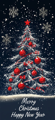 Starry night, Christmas tree with red ornaments and snowflakes