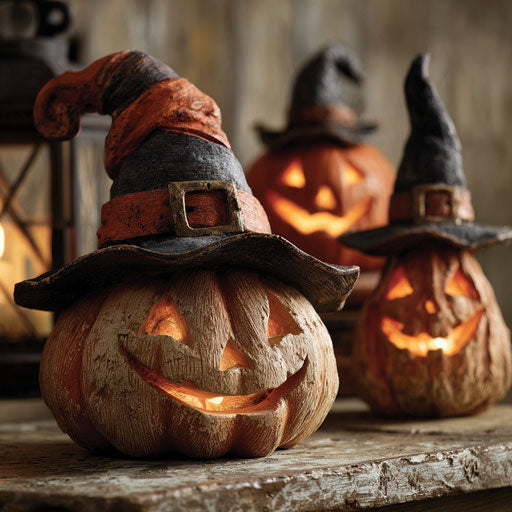Three Carved Pumpkins Glow on a Wooden Table