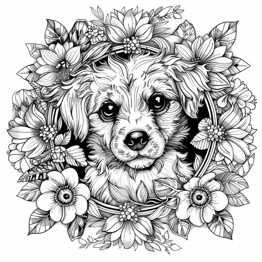 Detailed floral frame with a puppy in the center
