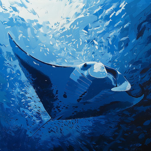 Manta ray in the deep blue sea surrounded by schools of fish