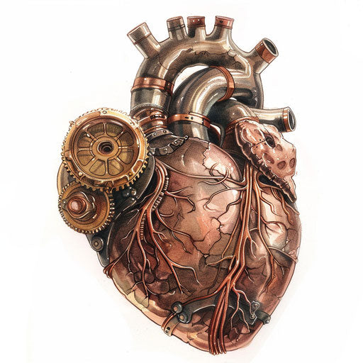 Steampunk-inspired mechanical heart tattoo design