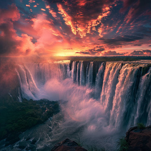 Iguazu Falls with majestic mist and colorful sky