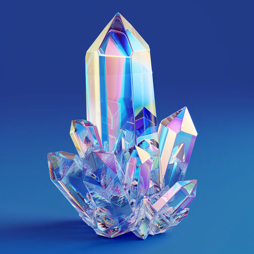On a flat, royal blue background, a photo realistic crystal clipart shines with enhanced vibrancy and clear contours