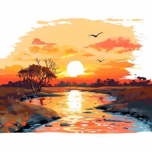 Sunset in Oil Painting Style on White Background