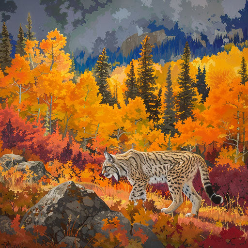 Lone lynx in vividly colored autumn landscape