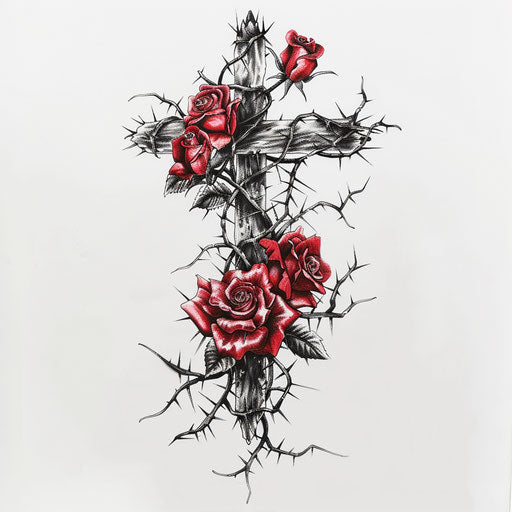 Strength cross with intertwined roses and thorns