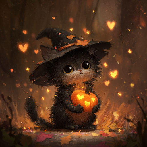 A Charming Kitten Witch with a Glowing Pumpkin