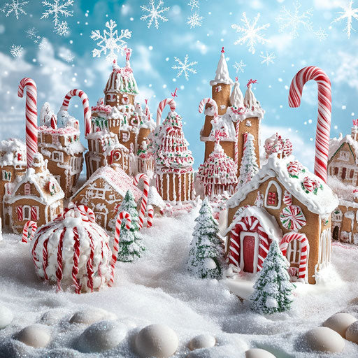 Whimsical gingerbread village with candy canes and icing