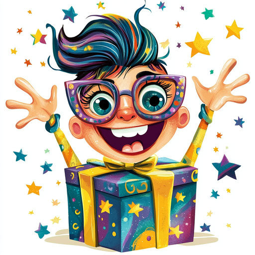Humorous caricature of a gift clipart with human characteristics, exaggerated long eyelashes, expressive hands, surrounded by stars, vibrant colors, cartoon style, waving, high-resolution, no background, isolated -c 40