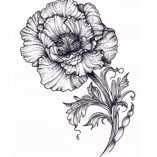 Victorian filigree carnation tattoo, intricate details