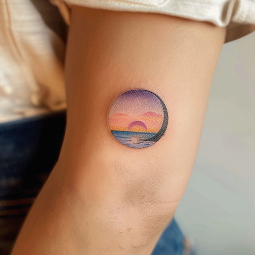 Stylish sunset tattoo with pastel colors blend and crescent moon, illustrated on white background