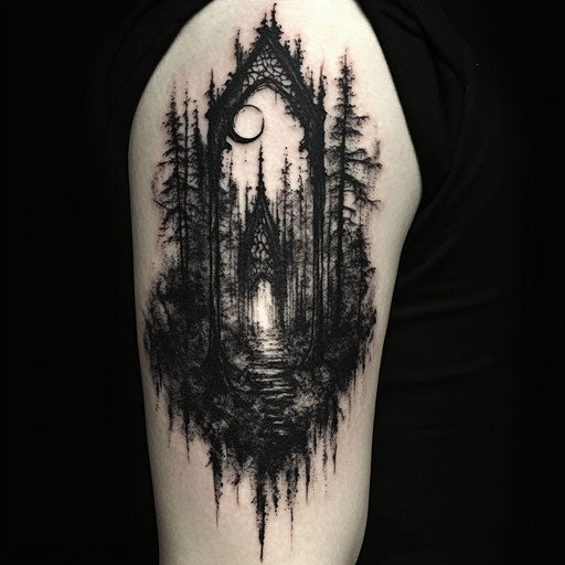 Tricep tattoo of a mystical forest scene in the style of Gerald Brom