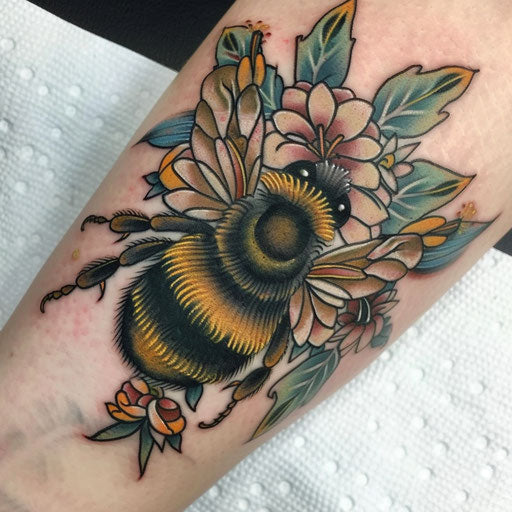 Neo-traditional bumble bee tattoo, intricate details, rich colors
