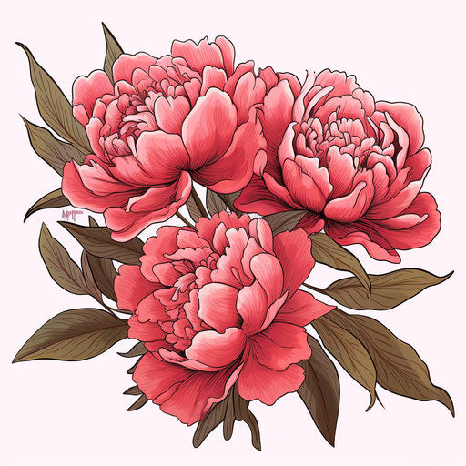 Peony flowers and leaves portrait in doodle style