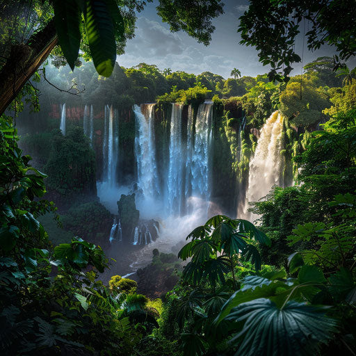 Iguazu Falls surrounded by dense greenery and vibrant colors
