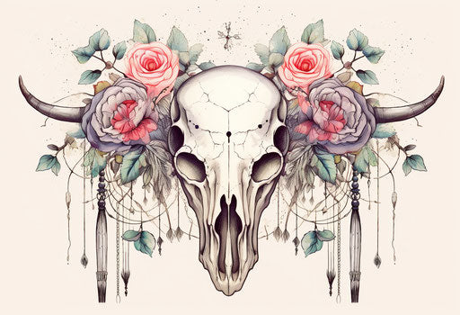 Buffalo skull with feathers and roses, line drawing style