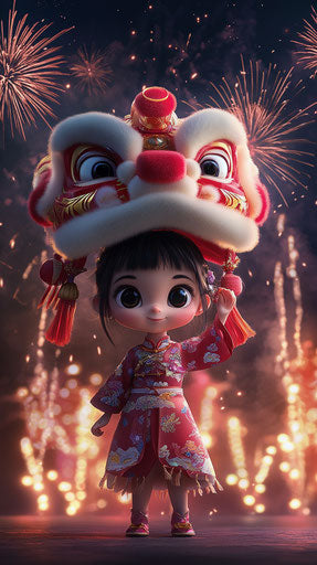 Cute girl holding lion dance head in cute style