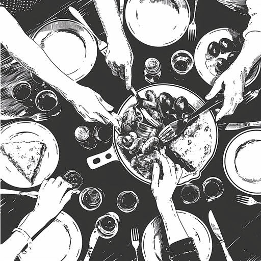 Overhead view of potluck dinner table with food sharing in black and white