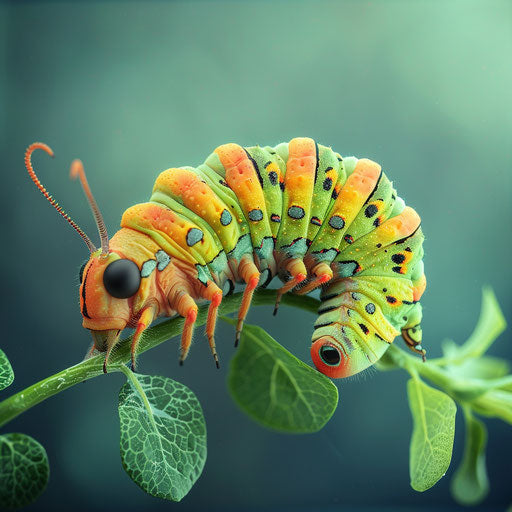 Caterpillar evolving into butterfly, in Marsel van Oosten style