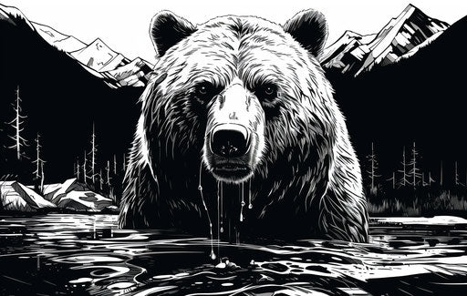 Grizzly bear vector in high-contrast shading style, hyper-realistic water, dark white and gray