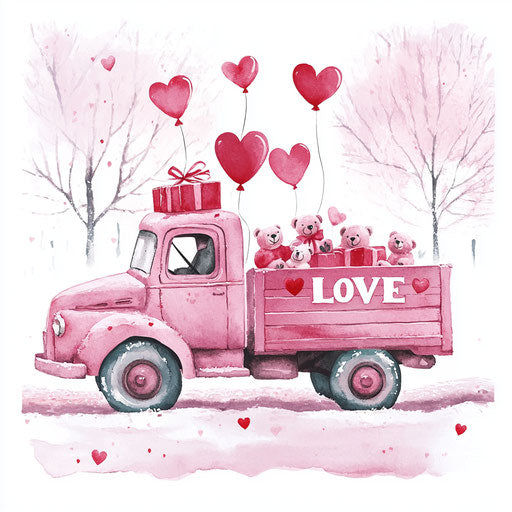 Pink truck filled with hearts, teddy bears, and gifts with 'LOVE' written in white in a snowy pink landscape