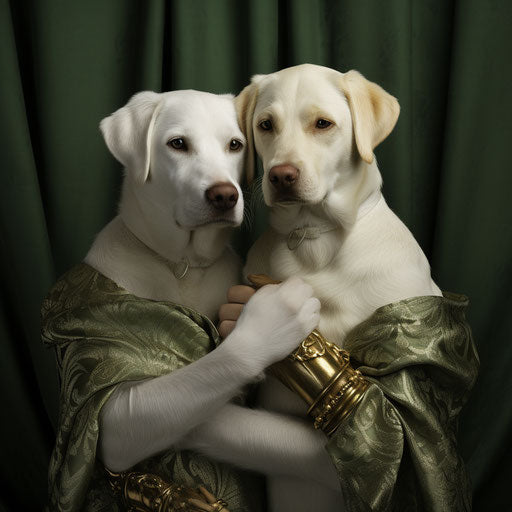 Female and male puppy holding hands